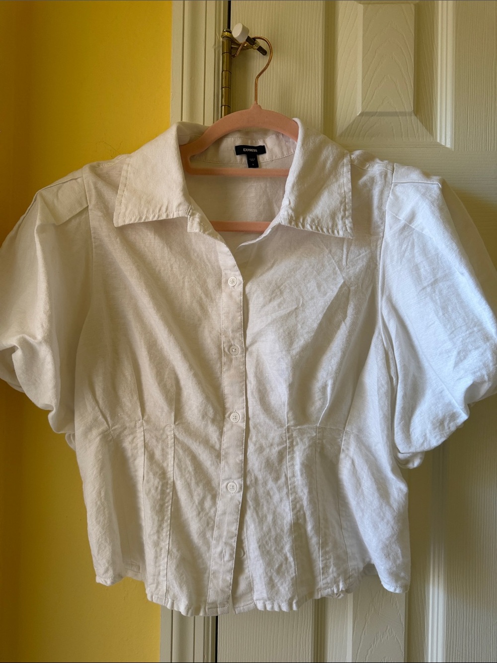 Express White Puff-Sleeve Button Down Blouse
